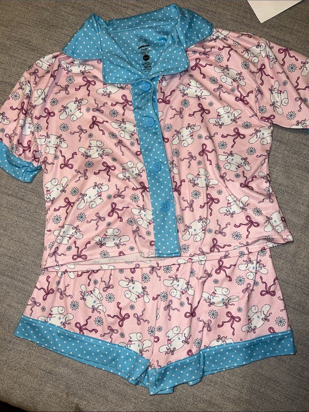 Girls Pink and Blue Short Pajama Set - Cute Bow Animal Print cinnamon roll M 7/8